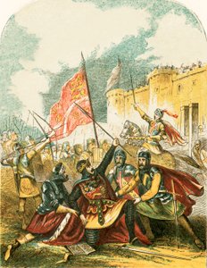 Edward I schwingt den Speer und schwört, den Mann zu hängen, der ihn geworfen hat