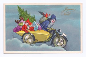 Edwardianische Weihnachtskarte von Weihnachtsmann, der ein Oldtimer-Seitenwagen-Motorrad mit Kindern und Geschenken fährt, ca. 1910