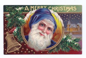 Edwardianische Weihnachtskarte von Weihnachtsmann mit Mistelzweig und Glocke, ca. 1910