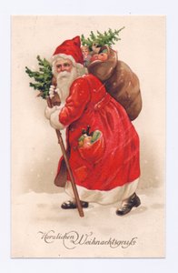 Edwardianische Postkarte von Weihnachtsmann mit einem Weihnachtsbaum und einem Sack Spielzeug über der Schulter, ca. 1910
