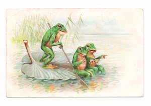 Edwardianische Postkarte von zwei Fröschen, die auf einem Seerosenboot sitzen, während ein dritter rudert, ca. 1910 von English School