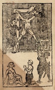 Niederländische Siedler in Amboyna foltern einen englischen Kaufmann vor dem Massaker von 1623 (Holzschnitt)