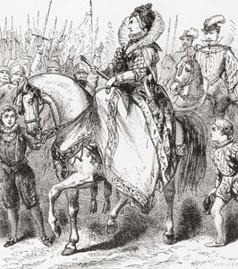 Elisabeth I inspiziert ihre Truppen im Hafen von Tilbury, 1588, aus Ward und Locks Illustrierter Geschichte der Welt, ca. 1882 von English School