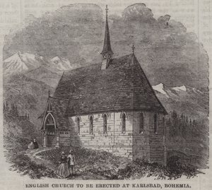 Englische Kirche, die in Karlsbad, Böhmen, errichtet werden soll (Stich) von English School
