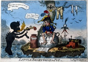 Englische Karikatur, die Kaiser Napoleon I. im Exil auf der Insel Elba darstellt: Er sitzt auf seinem neuen Thron in Form eines Nachttopfs, ein Dämon gibt ihm eine Pistole, falls er den Mut hat, sie zu benutzen. Mai 1814.
