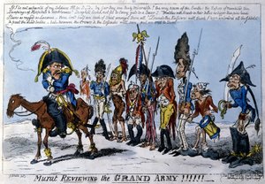 Englische Karikatur, die Joachim Murat (1767 - 1815), Marschall des Reiches, an der Spitze der Großen Armee darstellt. Januar 1813 von English School