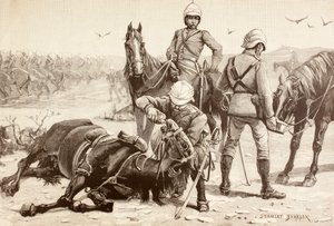 Englische Kavallerie tränkt ihre Pferde während des Mahdi-Aufstands, Sudan in den 1880er Jahren (Lithografie)