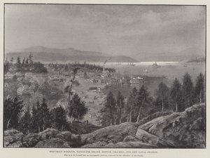 Esquimalt-Hafen, Vancouver Island, British Columbia, unsere neue Marinebasis (Gravur) von English School