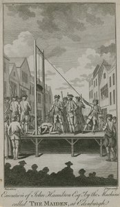 Hinrichtung von John Hamilton Esq durch die Maschine namens The Maiden (Gravur) von English School