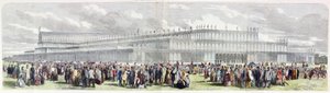 Außenansicht des Kristallpalastes, errichtet im Hyde Park für die Ausstellung der Industrie aller Nationen (kolorierte Gravur) von English School