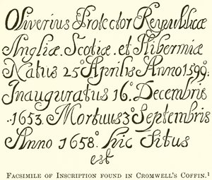 Faksimile der Inschrift, die im Sarg von Cromwell gefunden wurde
