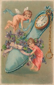 Feen binden Bänder und Blumen um ein Kissen, Neujahrskarte von English School