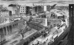 Farringdon Road und die Metropolitan Railway nach Norden blickend