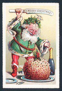 Weihnachtsmann schneidet Pflaumenpudding, Weihnachtskarte