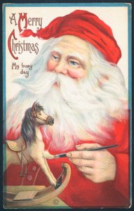 Weihnachtsmann malt Schaukelpferd, Weihnachtskarte von English School