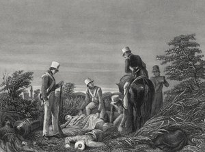 Auffinden der Farben des 24. Regiments nach der Schlacht von Chillianwallah, um 1850 (Gravur) von English School
