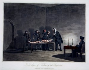 Erste Stufe der Folter der Inquisition, graviert von L.C. Stadler, veröffentlicht von Cadell & Davies, London, ca. 1813 von English School