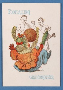 Fußballspielende Großmutter, aus dem Happy Families-Kartenspiel, ca. 1890-1900 von English School
