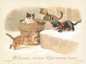 Vier kleine Kätzchen spielen, Weihnachtskarte