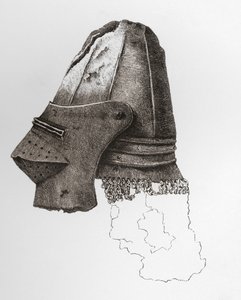 Visierter Bassinet des vierzehnten Jahrhunderts, fast kugelförmig, mit angebrachtem Camailie, aus Warwick Castle. Aus The British Army: Its Origins, Progress and Equipment, veröffentlicht 1868.