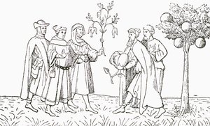 Bruder Oderic von Pordenone hält einen Ast von einem Baum, auf dem Vögel wachsen, gezeigt vom örtlichen König, der Lammbaum von Tartary, zeigt ein Lamm, das herauskommt, Illustration aus The Strand Magazine