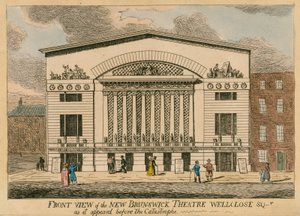 Frontansichten des neuen Brunswick Theaters, Wellclose Square, London, wie es vor der Katastrophe erschien