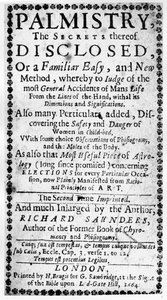 Frontispiz zu Palmistry, die Geheimnisse davon enthüllt von Richard Saunders, 1664 von English School
