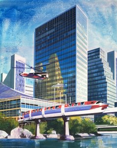 Futuristischer Einschienenbahn und Hubschrauber von English School