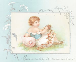 Mädchen entspannt auf Gras mit Blättern, Weihnachtskarte