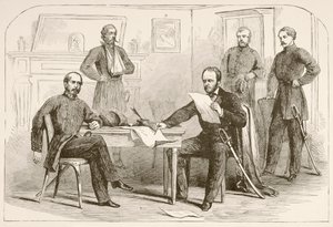 General Joseph Eggleston Johnston kapituliert die Armee von Tennessee an General William Tecumseh Sherman (Lithographie) von English School