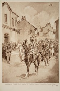 General Sir Pertab Singh führt die Jodhpur Lancers durch ein französisches Dorf, 1914-19