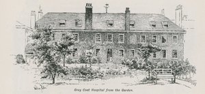 Gesamtansicht des Grey Coat Hospital vom Garten aus von English School