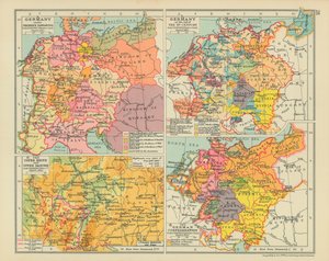 Deutschland unter Friedrich Barbarossa. Deutschland am Ende des 15. Jahrhunderts. Der Oberrhein und die obere Donau (Farblithografie) von English School