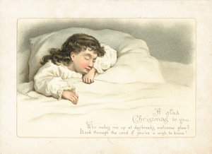 Mädchen schläft im Bett, Weihnachtskarte