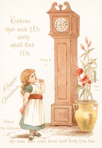 Mädchen schaut auf Standuhr, Weihnachtskarte von English School
