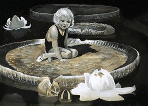 Mädchen auf einer Seerose so groß wie ein Boot