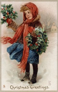 Mädchen verkauft Stechpalmen und Weihnachtskränze (Chromolithografie) von English School