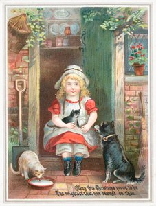 Mädchen sitzt auf Türschwelle, Weihnachtskarte