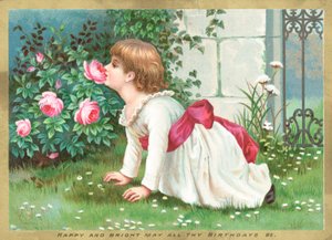 Mädchen riecht an Blumen, Geburtstagskarte