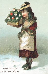 Mädchen geht im Schnee mit Blumenbox, Weihnachtskarte