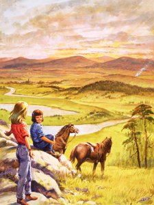 Mädchen und Ponys blicken über die Landschaft