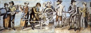 Zum Jahrmarkt gehen, Detail eines Messerschleifers und Handwerker und Frauen, um 1815 (Aquarell mit Gouache auf Papier)