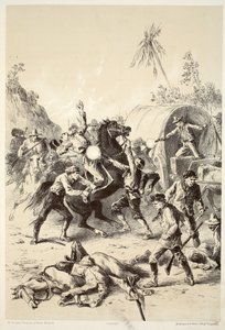 Gold-Eskorte von Busch-Rangern angegriffen, aus Die Geschichte von Australasien von David Blair, McGrady, Thomson und Niven, 1879