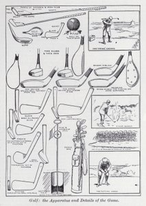 Golf, die Ausrüstung und Details des Spiels (Lithografie)