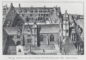 Gonville und Caius College, von Süden, um 1688, nach Loggan (Gravur) von English School