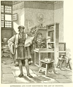 Gutenberg und Faust entdecken die Kunst des Druckens