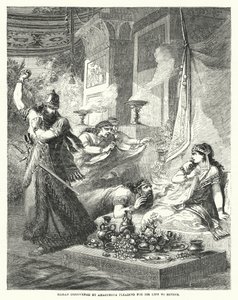 Haman wird von Ahasverus entdeckt, wie er um sein Leben bei Esther fleht (Gravur) von English School