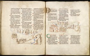 Doppelseitige Ausbreitung aus dem Harley Psalter mit Federzeichnungen
