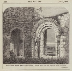 Haughmond Abbey, nahe Shrewsbury, Südportal der Kirche vom Kreuzgang (Gravur) von English School