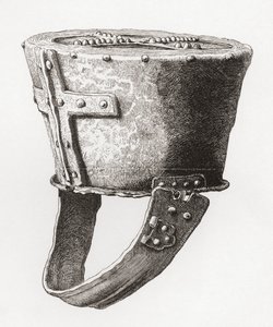 Helm, aus Schloss Pomeroy, England, aus dem 12. Jahrhundert, aus Die britische Armee: Ihre Ursprünge, Fortschritte und Ausrüstung, veröffentlicht 1868.
